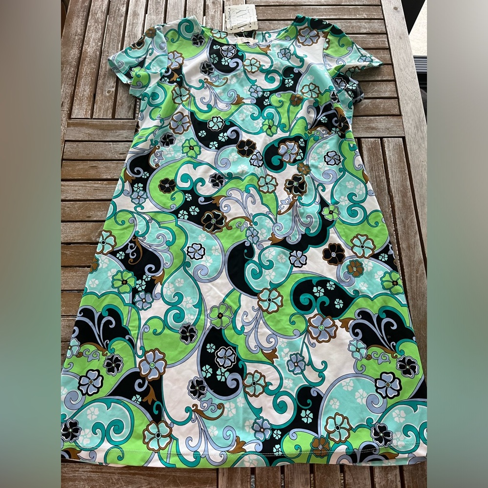 Katherine Way MCM Mod Floral Swirl Dress XL Shift Retro Black Blue Green Brown